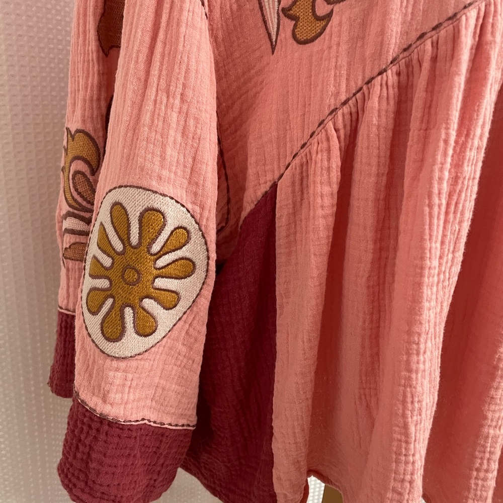 Easel Babydoll Top Gauzy Bohemian Pink Embroidered Women's L - Picture 4 of 6